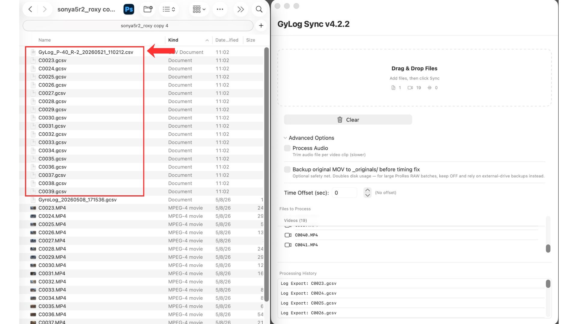 Summary CSV and per-clip CSV logs created by GyLogSync
