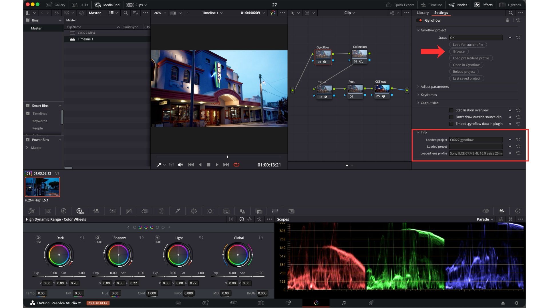 Checking the .gyroflow project and lens profile in the DaVinci Resolve Gyroflow plugin