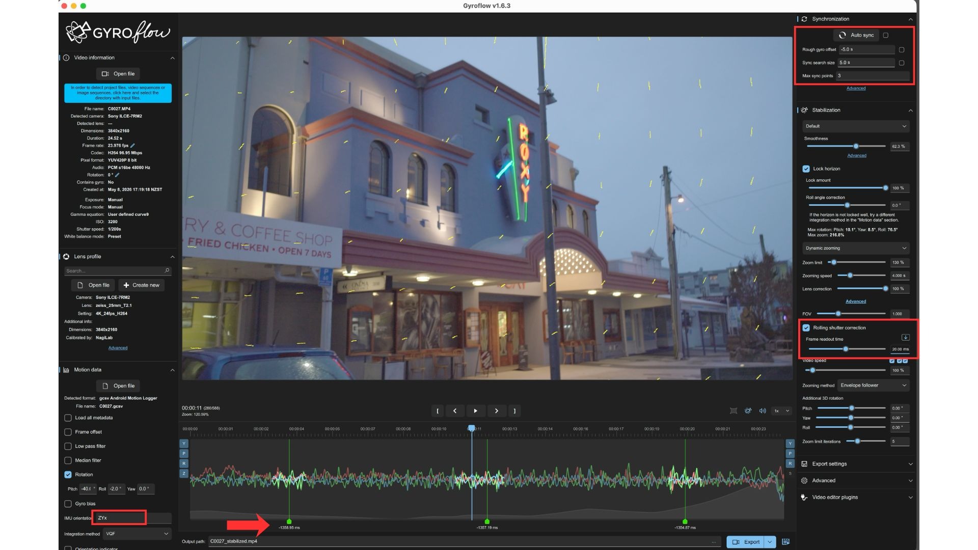 Checking Rough gyro offset and Auto sync results in Gyroflow