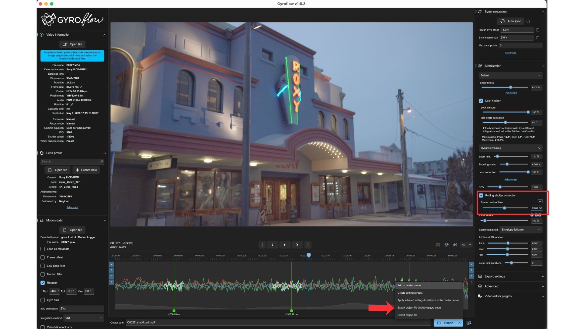 Checking rolling shutter and exporting the project file in Gyroflow