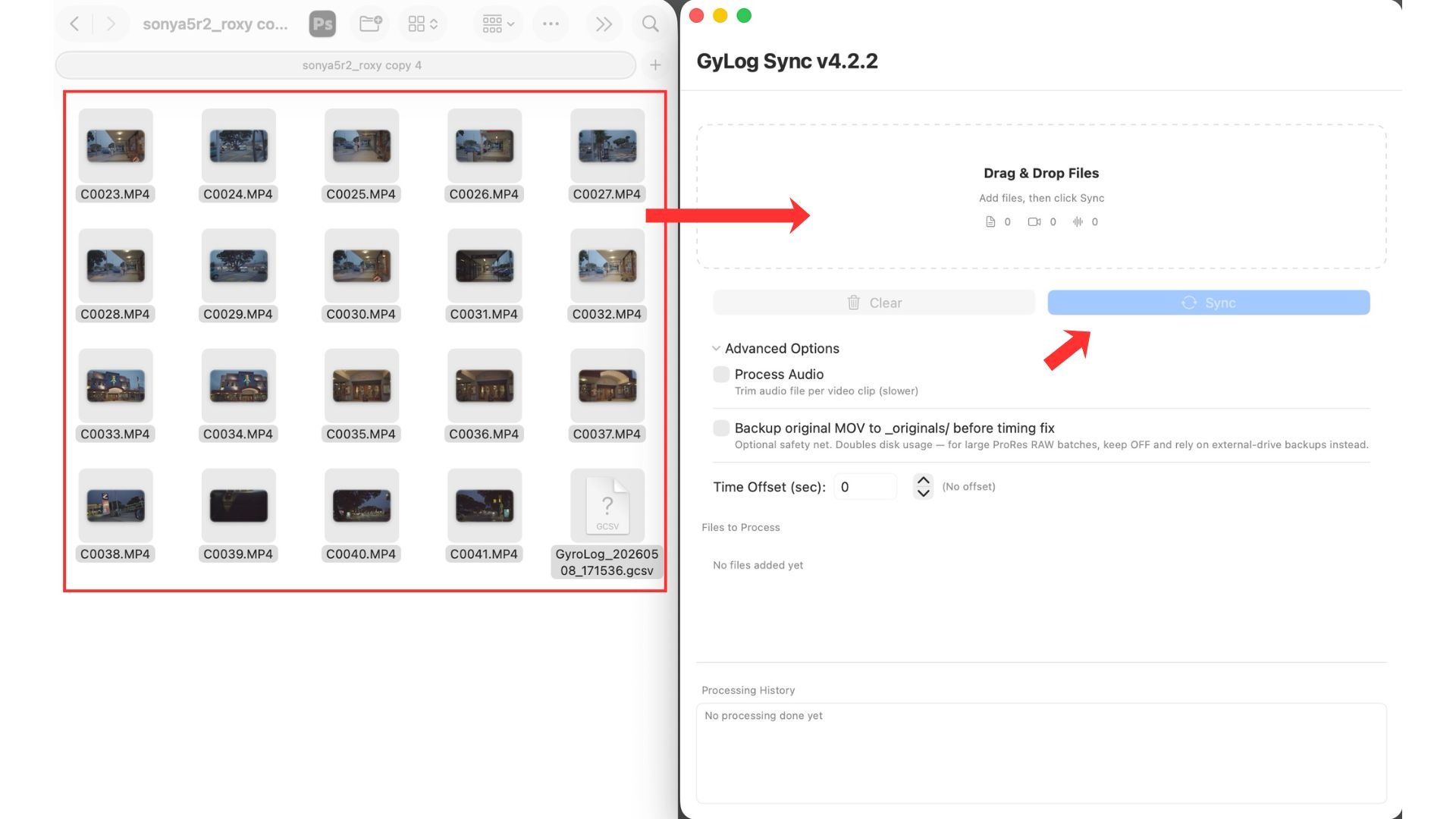 Dropping video files and a .gcsv into GyLogSync and running Sync