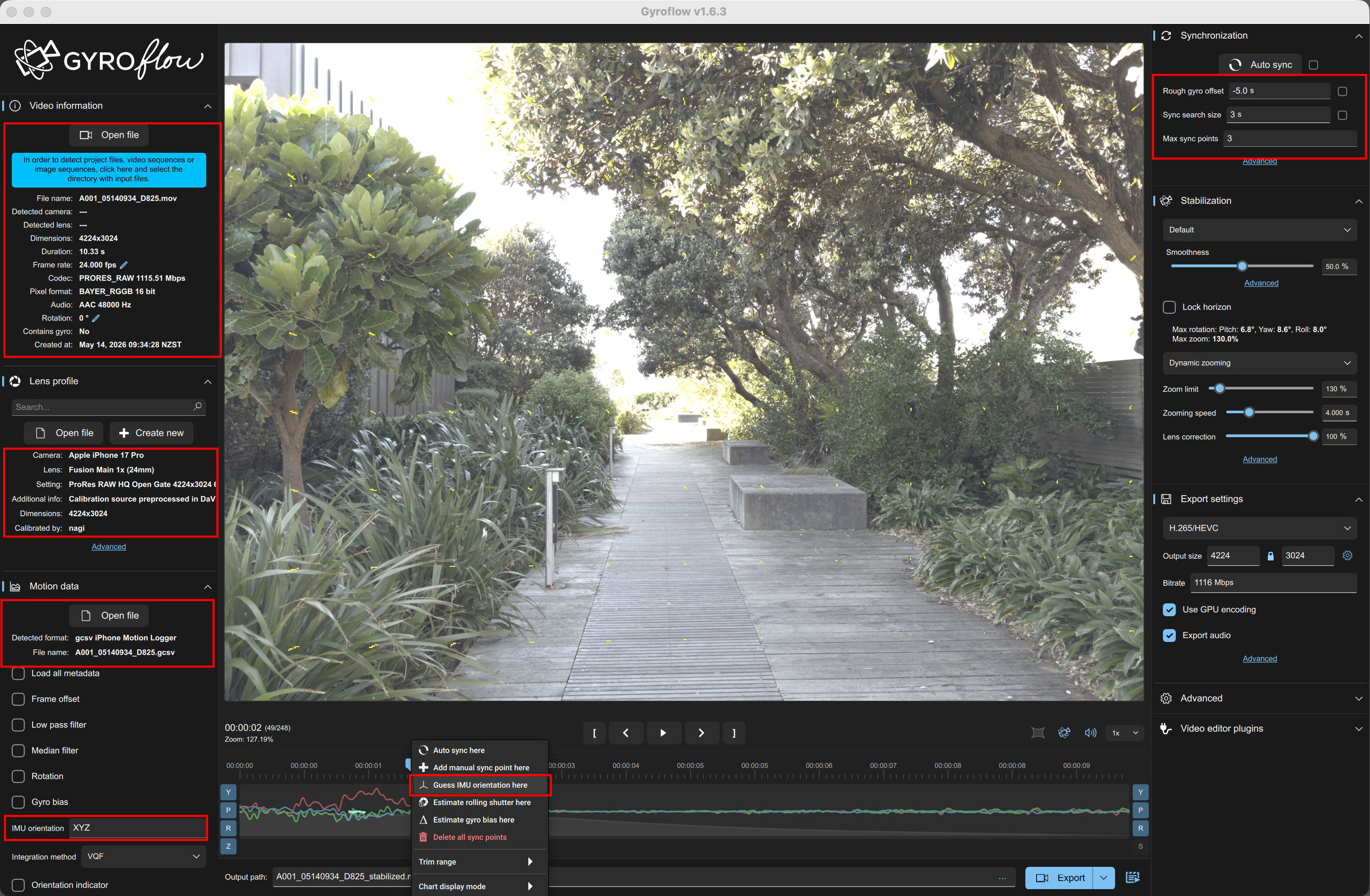 Gyroflow Desktop with a video and gyro file loaded